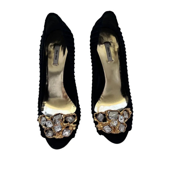 Miu Miu Black Suede Crystal Peep Toe Pumps - Picture 2 of 11